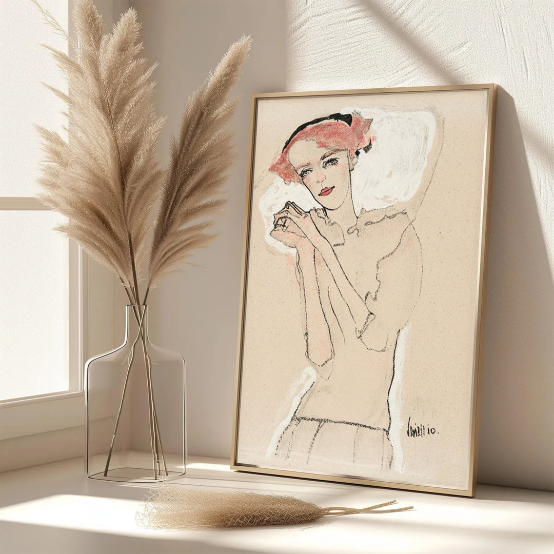 Elegant female portrait poster of Egon Schiele Portrait Of A Woman 1910 in Vienna Austria with authentic vintage paper texture. MapYourDreams features custom framed prints, unframed paper wall poster decor, and gallery canvas options for study rooms, hallways, and living areas.
