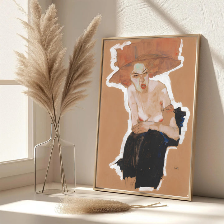 Elegant female portrait poster of Egon Schiele Seated Woman With Hat 1910 in Vienna Austria with authentic vintage paper texture. MapYourDreams features custom framed prints, unframed paper wall poster decor, and gallery canvas options for study rooms, hallways, and living areas.