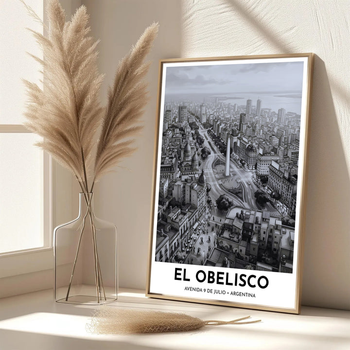 Travel wall art featuring a black and white perspective of Avenida 9 de Julio and the Río de la Plata in the background. Handpicked for the MapYourDreams catalog, this artwork is available in flexible styles including unframed paper prints, wooden frames, or gallery canvas.