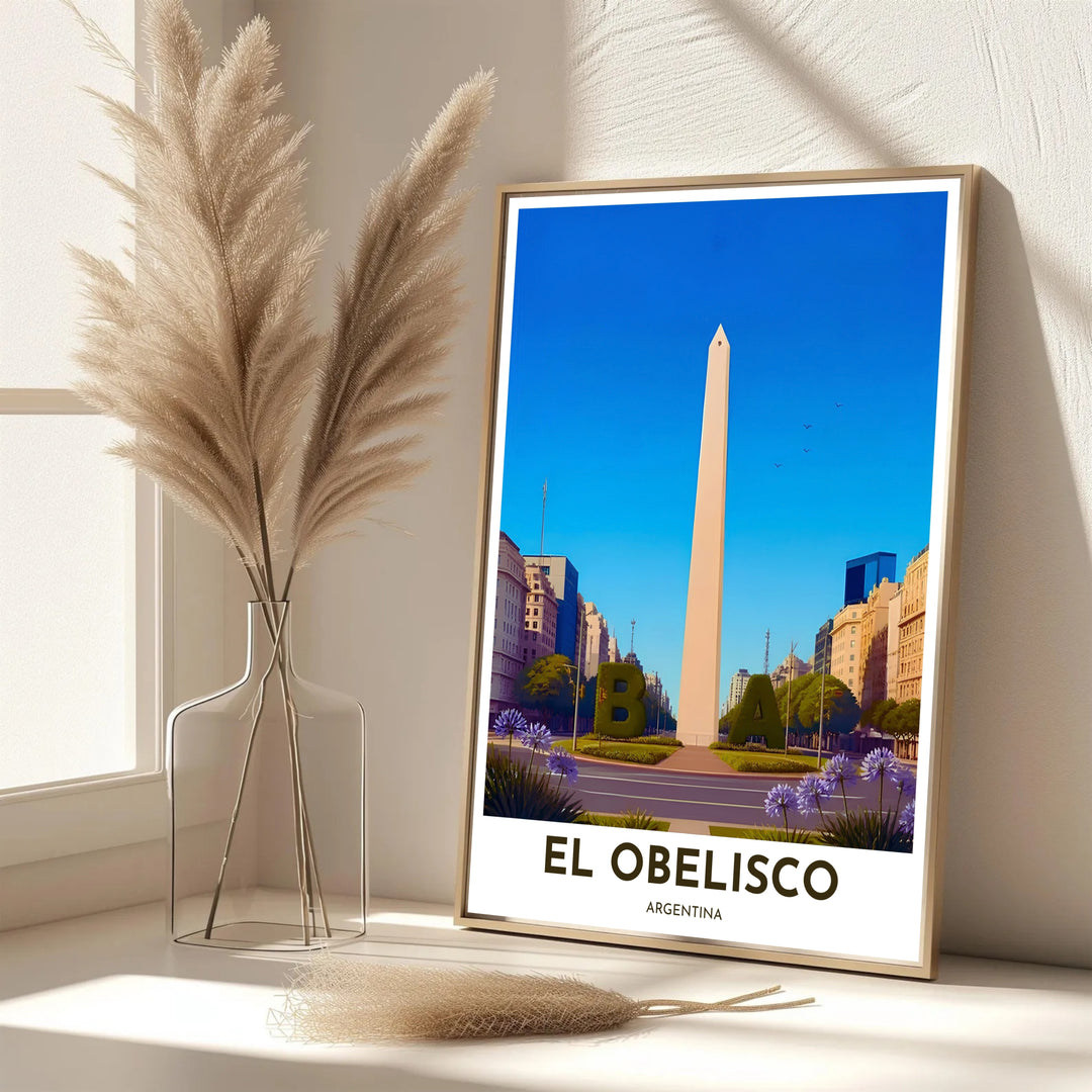 Scenic travel poster displaying the world-famous Obelisco de Buenos Aires in clear, high-contrast colors. Handpicked for the MapYourDreams catalog, this artwork is available in flexible styles including unframed paper prints, wooden frames, or gallery canvas.