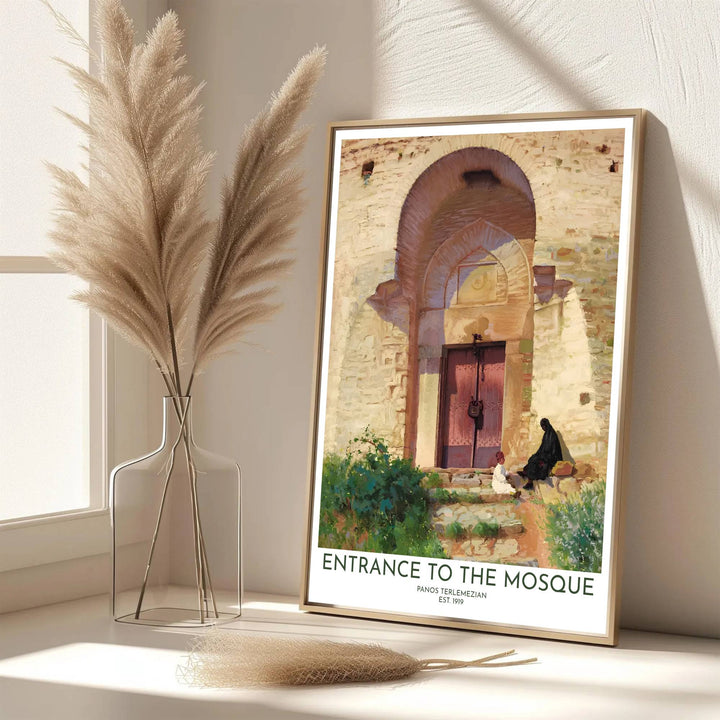 Scenic fine art poster of Panos Terlemezian Entrance to the Mosque rendered in a rich impressionistic oil painting aesthetic. Developed by MapYourDreams, this artwork is available in flexible options including unframed paper, custom wooden frames, and gallery canvas wraps for hallway wall decor.