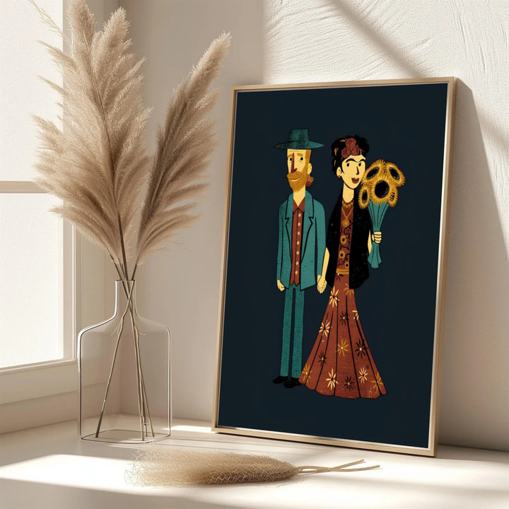 Elegant folk art style portrait of Frida Kahlo And Van Gogh Couple 1939 showing artistic romance in Coyoacán, Mexico City. MapYourDreams features custom framed prints, unframed paper wall decor, and gallery canvas choices for sophisticated art history decor spaces.