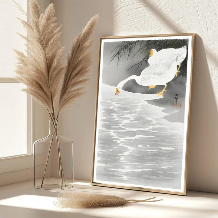 Elegant 1900 1930 Japanese oriental bird poster by artist Ohara Koson featuring geese by water inspired by Nara garden culture. MapYourDreams features framed, unframed, and canvas print options for dining room wall art decor.