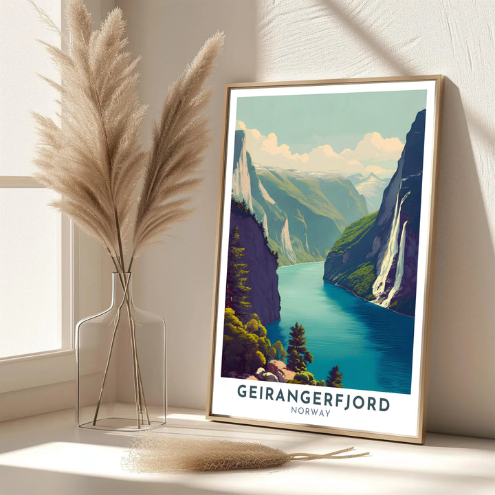 Scenic Scandinavian nature art showcasing the calm fjord waters and high mountain waterfalls of Geirangerfjord Norway. Bring Nordic calm home with this illustration available in classic unframed print paper, gallery wrapped canvas panels, or fully assembled framed displays.