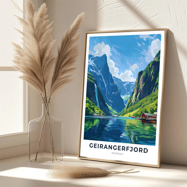Coastal Scandinavian landscape art depicting the cruise route in Geirangerfjord Norway with vivid reflections shimmering on the water. Bring Nordic tranquility into your living area with this print available in classic unframed print paper, gallery wrapped canvas panels, or fully assembled framed displays.