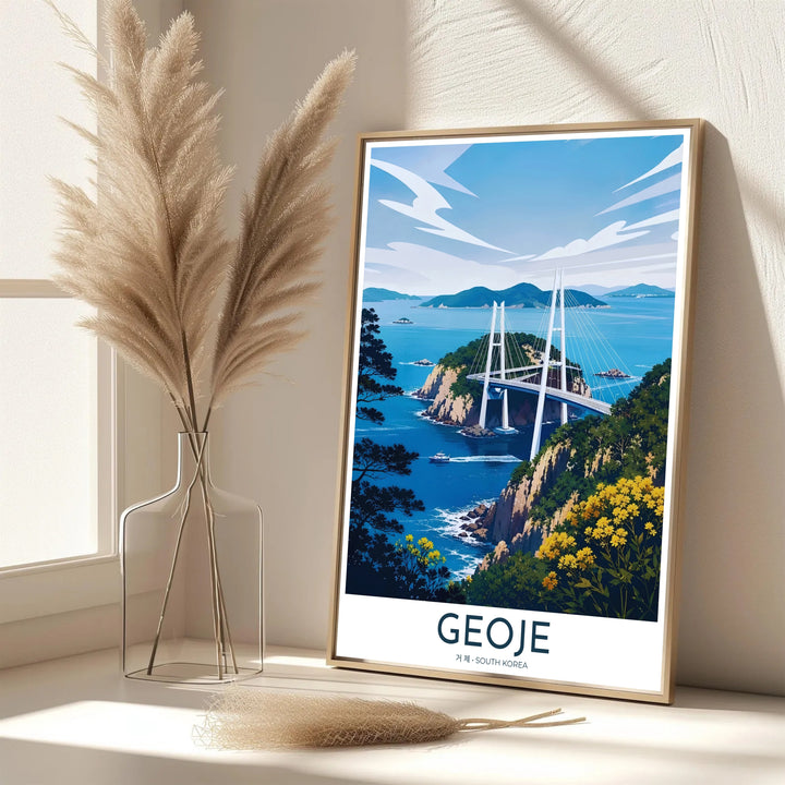 Vibrant South Korean coastal decor print of Geoje showcasing a panoramic vista of Geoga Bridge spanning rocky ocean islets under stylized white clouds. Offered by MapYourDreams, this artwork is available in flexible options including unframed paper, custom wooden frames, and gallery canvas wraps.