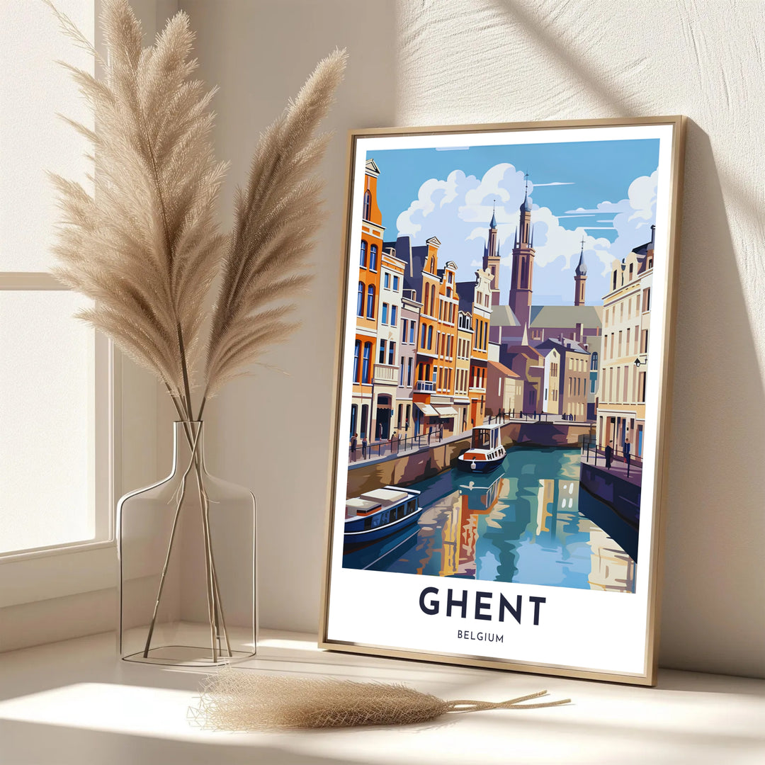 A picturesque Belgian city print showcasing the medieval step-gabled buildings and towers in Ghent, Belgium. Offered in flexible choices such as unframed archival poster paper, custom wood framing, and gallery canvas wraps.