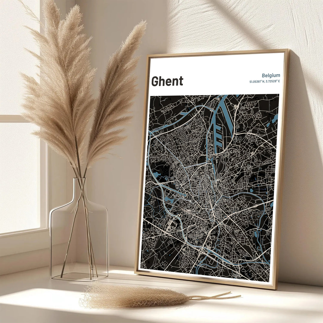 A dark theme geographic print showing the road network and waterways of Ghent, Belgium. Offered in flexible choices such as unframed archival poster paper, custom wood framing, and gallery canvas wraps.
