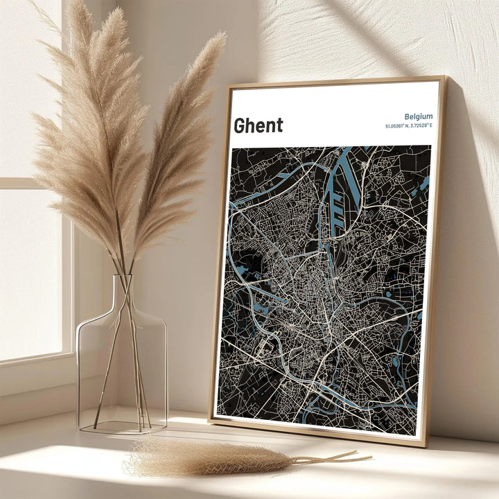 A dark theme geographic print showing the road network and waterways of Ghent, Belgium. Offered in flexible choices such as unframed archival poster paper, custom wood framing, and gallery canvas wraps.