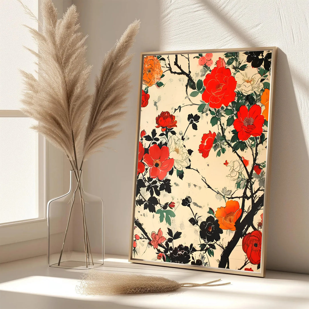 Elegant Japanese oriental flower poster by artist Katsushika Hokusai featuring red and orange blossoms inspired by Nara garden culture. MapYourDreams features framed, unframed, and canvas print options for bedroom wall art decor.