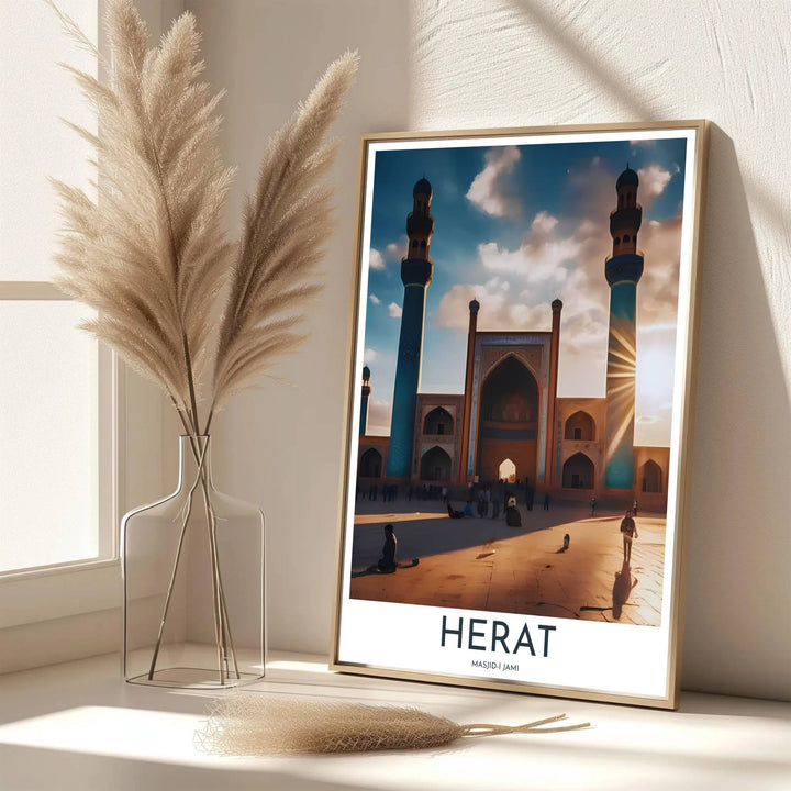 Scenic Silk Road architecture poster of Herat Great Mosque rendered in warm sunset tones and rich blue tile accents. Developed by MapYourDreams, this artwork is available in flexible options including unframed paper, custom wooden frames, and gallery canvas wraps for hallway wall decor.