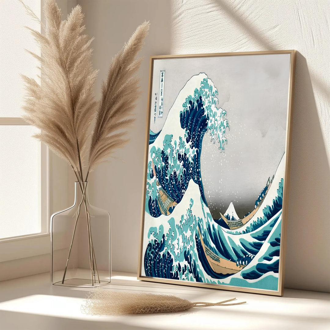 Elegant Japanese oriental ocean poster by artist Katsushika Hokusai featuring giant waves off Kanagawa near Mount Fuji. MapYourDreams features framed, unframed, and canvas print options for office wall art decor.