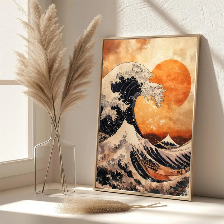 Elegant Japanese oriental sunset poster by artist Katsushika Hokusai featuring giant waves off Kanagawa near Mount Fuji. MapYourDreams features framed, unframed, and canvas print options for office wall art decor.