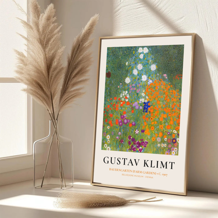 Elegant exhibition wall art print of Gustav Klimt Bauerngarten Farm Garden 1907 displaying original 1907 artwork from Vienna, Austria. MapYourDreams features custom framed prints, unframed paper wall decor, and gallery canvas options for refined home wall layouts.
