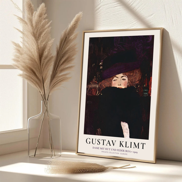 Elegant exhibition wall art poster of Gustav Klimt Dame Mit Hut Und Federboa 1909 displaying original 1909 artwork from Europe. MapYourDreams features custom framed prints, unframed paper wall poster decor, and gallery canvas options for refined home wall layouts.