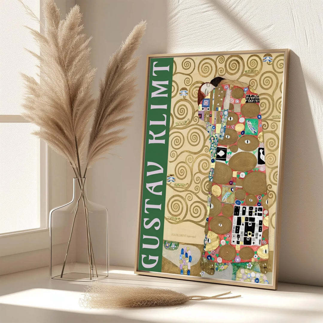 Elegant exhibition wall art poster of Gustav Klimt Fulfillment Die Erfullung 1909 displaying original 1909 artwork from the Stoclet Palace in Brussels Belgium. MapYourDreams features custom framed prints, unframed paper wall poster decor, and gallery canvas options for refined layouts.