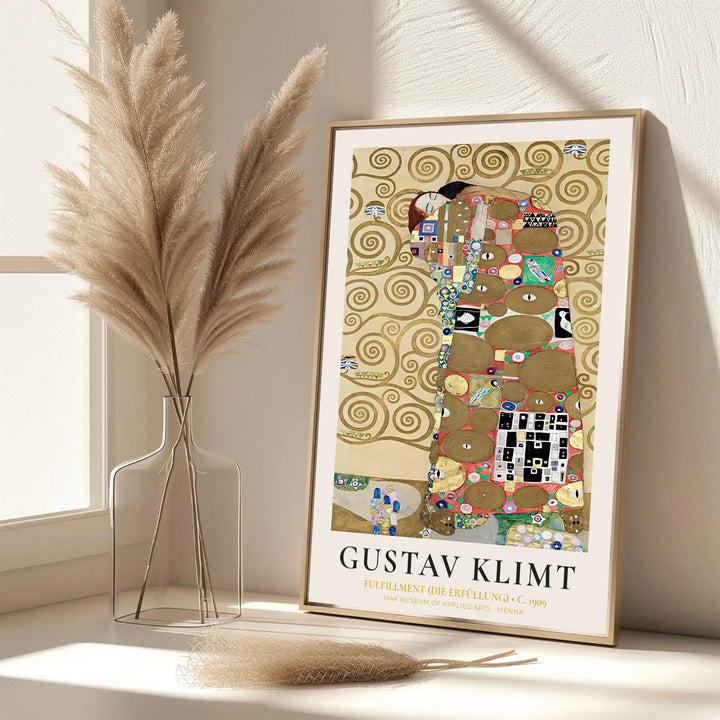 Elegant museum wall art poster of Gustav Klimt Fulfillment Die Erfüllung 1909 displaying original 1909 frieze designs from the Palais Stoclet in Brussels Belgium. MapYourDreams features custom framed prints, unframed paper wall poster decor, and gallery canvas options for elegant room layouts.