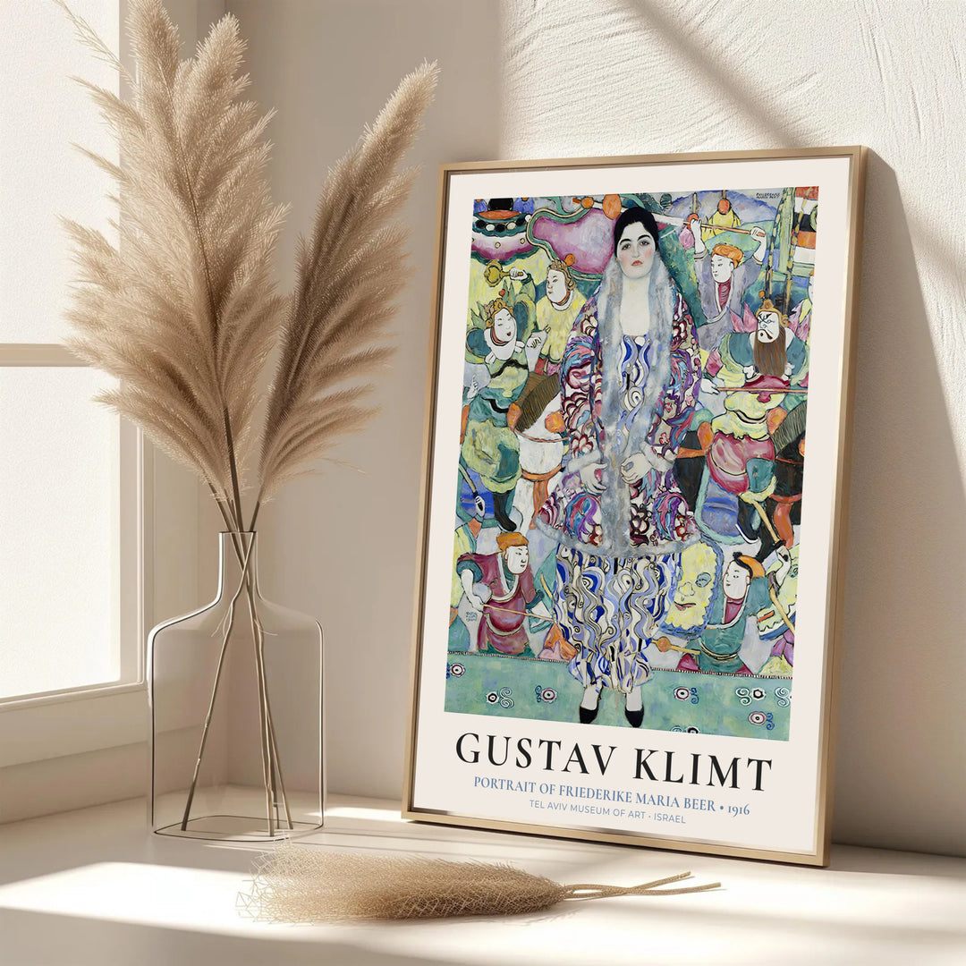 Vintage Viennese portrait print of Gustav Klimt Portrait Of Friederike Maria Beer 1916 highlighting authentic 1916 masterpiece artwork from Tel Aviv Museum of Art in Israel. Discover custom framed prints, unframed poster options, and stretched canvas wall decor at MapYourDreams for stylish spaces.