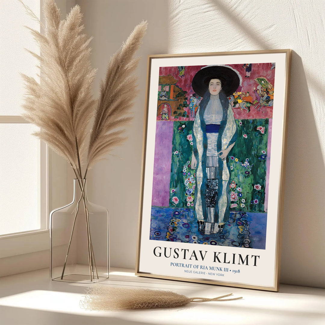 Elegant exhibition wall art poster of Gustav Klimt Portrait Of Ria Munk III 1918 displaying original 1918 portrait painting from Neue Galerie New York. MapYourDreams features custom framed prints, unframed paper wall poster decor, and gallery canvas options for living rooms.