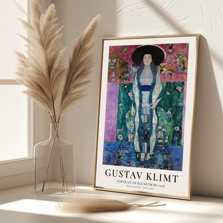 Elegant exhibition wall art poster of Gustav Klimt Portrait Of Ria Munk III 1918 displaying original 1918 portrait painting from Neue Galerie New York. MapYourDreams features custom framed prints, unframed paper wall poster decor, and gallery canvas options for living rooms.