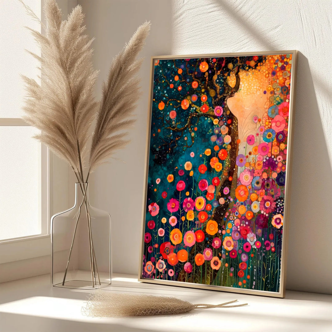 Classic symbolist fine art poster of Gustav Klimt Style Dream Of Flowers showing an magical garden scene under a starry night sky. Select premium framed wall art, unframed paper poster prints, and stretched canvas decor options at MapYourDreams for vibrant gallery displays.
