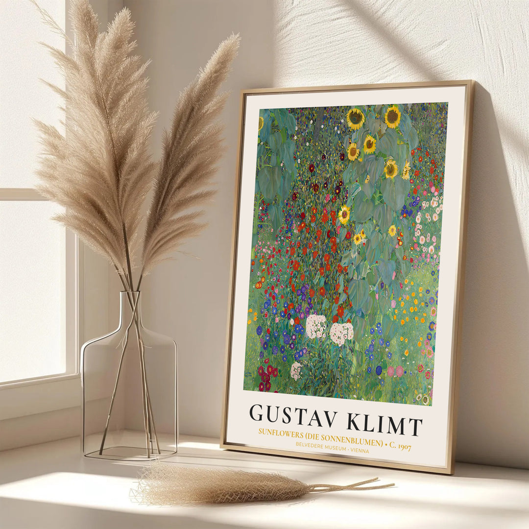 Elegant golden yellow flower poster of Gustav Klimt Sunflowers Die Sonnenblumen 1907 in Belvedere Museum Vienna with exhibition style text. MapYourDreams features custom framed prints, unframed paper wall poster decor, and gallery canvas options for study rooms, hallways, and living spaces.