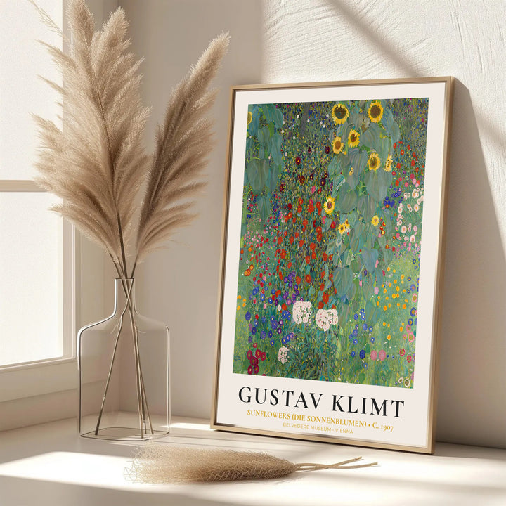 Elegant golden yellow flower poster of Gustav Klimt Sunflowers Die Sonnenblumen 1907 in Belvedere Museum Vienna with exhibition style text. MapYourDreams features custom framed prints, unframed paper wall poster decor, and gallery canvas options for study rooms, hallways, and living spaces.