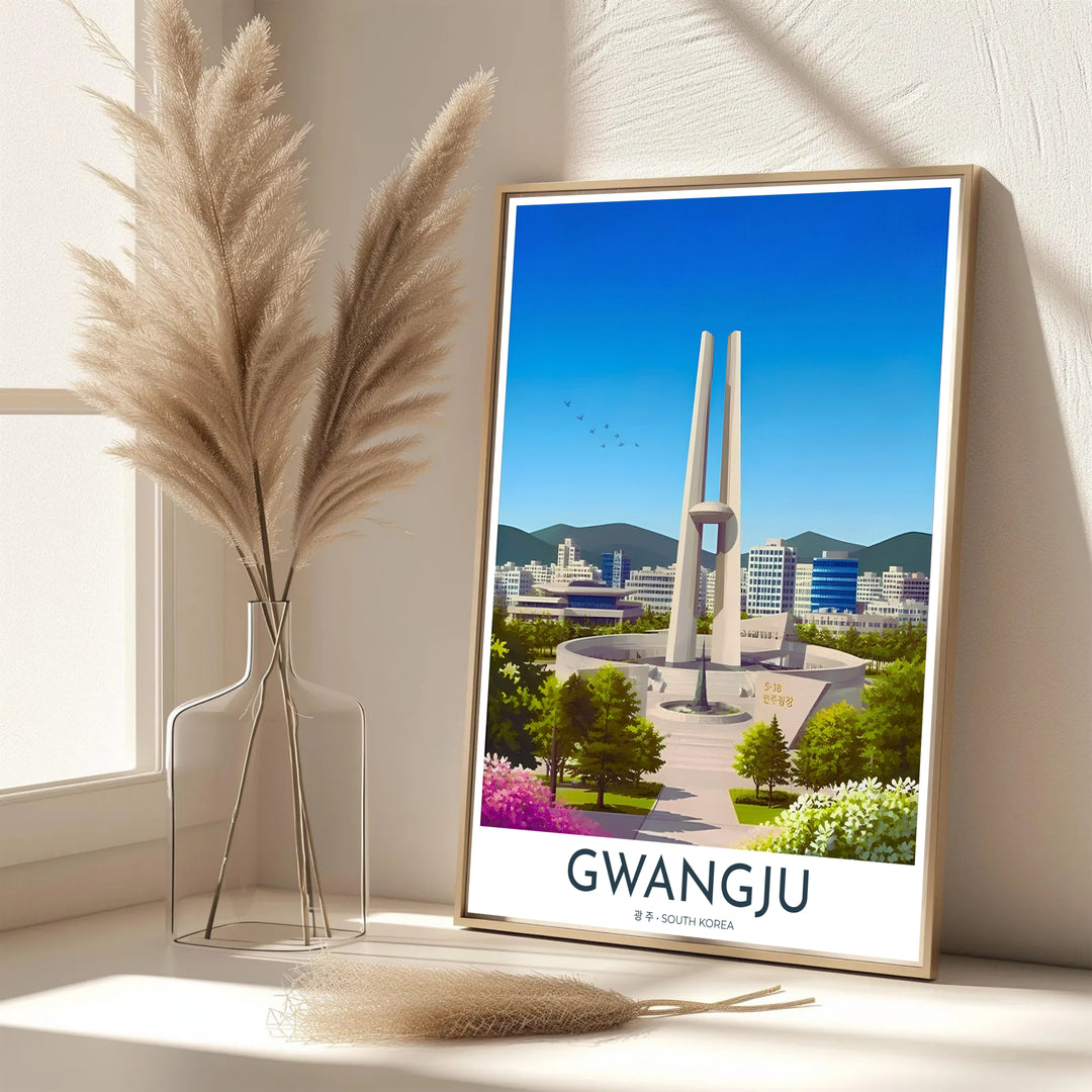 Vibrant South Korean wall decor print showcasing the May 18 Memorial in Gwangju with a flock of birds drifting across a vivid blue sky above the city buildings. Offered by MapYourDreams, this artwork is available in flexible options including unframed paper, custom wooden frames, and gallery canvas wraps.
