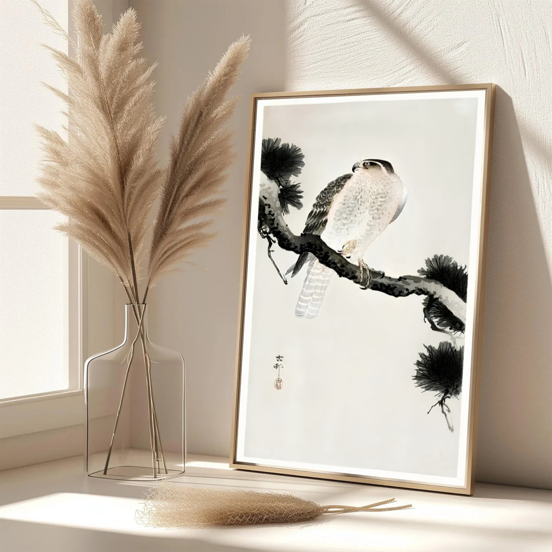 Elegant 1900 1930 Japanese oriental bird poster by artist Ohara Koson featuring a hawk on pine inspired by Nara garden culture. MapYourDreams features framed, unframed, and canvas print options for office wall art decor.