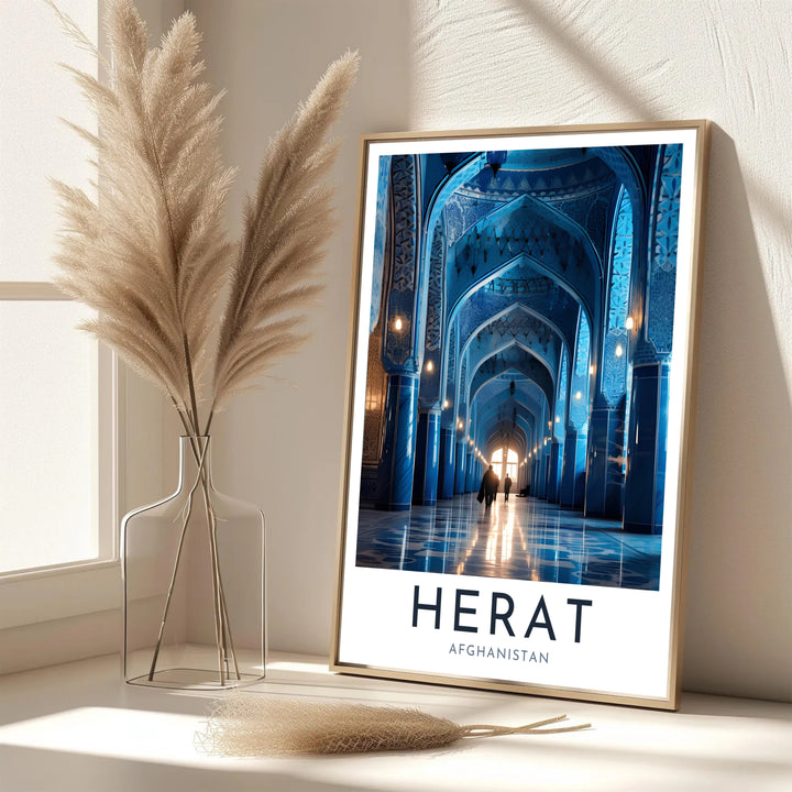 Exhibition style poster of Herat Blue Mosque Afghanistan showcasing deep blue interior archways and warm sunlight, created by MapYourDreams with options for unframed art prints, stretched canvas wall decor, or custom framed prints in gold and classic black frame finishes.