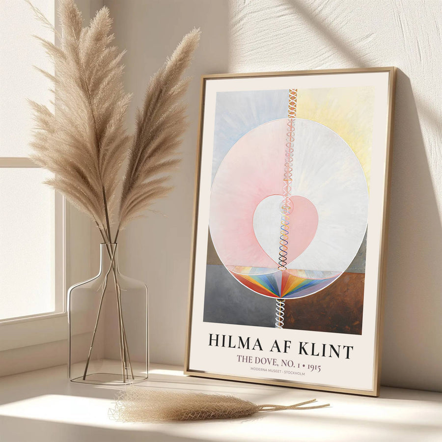 Echoing the sophisticated atmosphere of Swedish design archives and Stockholm galleries, this captivating The Dove No 1 1915 poster by Hilma af Klint honors early modernism&