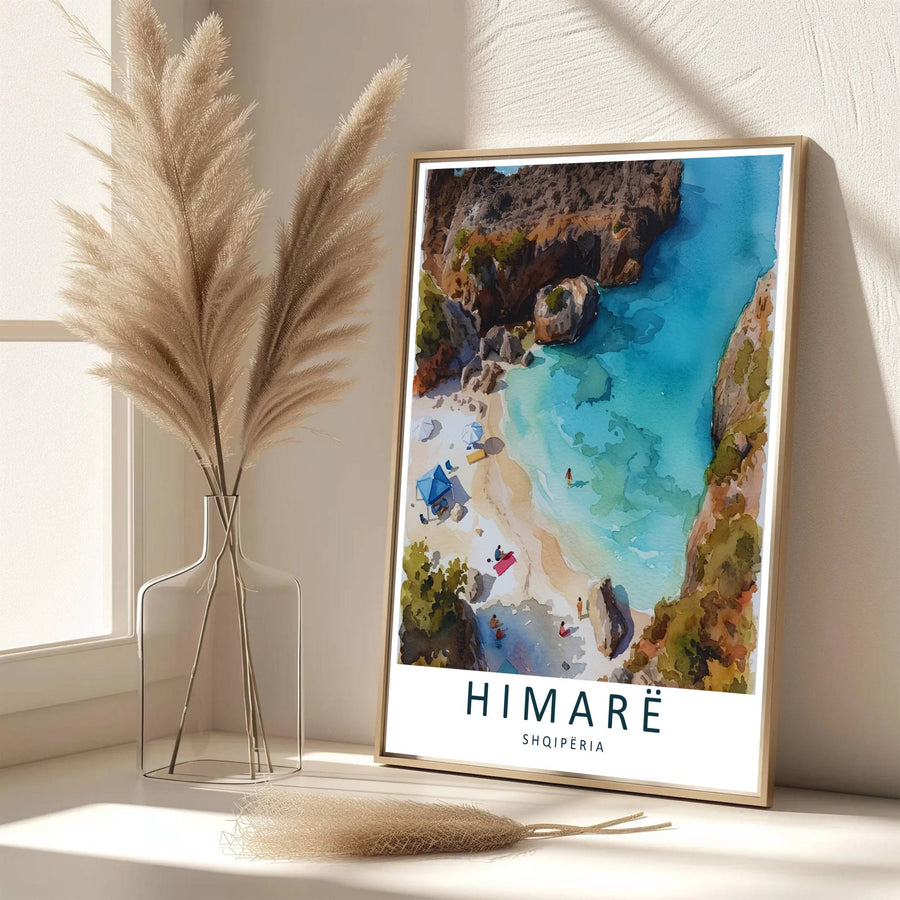 Eye-catching Ionian Coast watercolor artwork celebrating Himarë Albania, printed on premium archival stock with long-lasting ink retention. Available from MapYourDreams as an unframed paper poster, custom-framed print, or gallery-wrapped canvas.