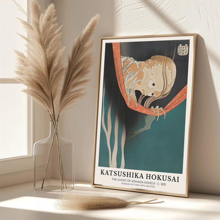 Elegant Japanese folklore poster of The Ghost of Kohada Koheiji by artist Katsushika Hokusai featuring a skeleton spirit in Boston. MapYourDreams features framed, unframed, and canvas print options for office wall art decor.