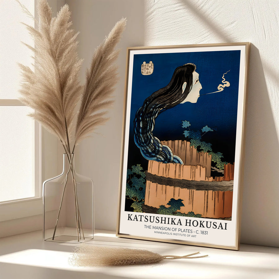 Elegant Japanese folklore poster of The Mansion of Plates by artist Katsushika Hokusai featuring the ghost of Okiku in Minneapolis. MapYourDreams features framed, unframed, and canvas print options for office wall art decor.