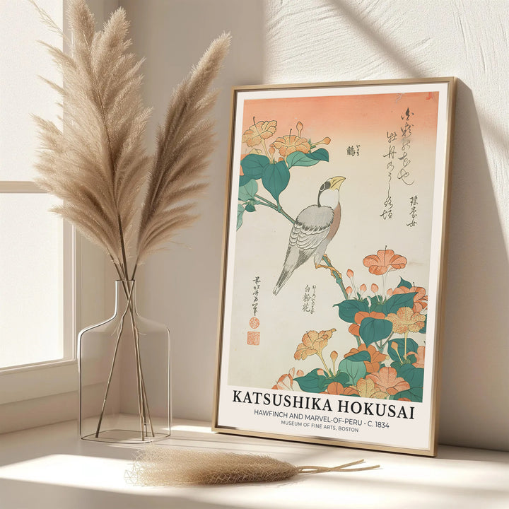 Historic Japanese kacho-ga print Hawfinch and Marvel-of-Peru by artist Katsushika Hokusai with authentic calligraphy reflecting Boston museum exhibition standards. Select premium framed, unframed, and canvas wall decor options at MapYourDreams.