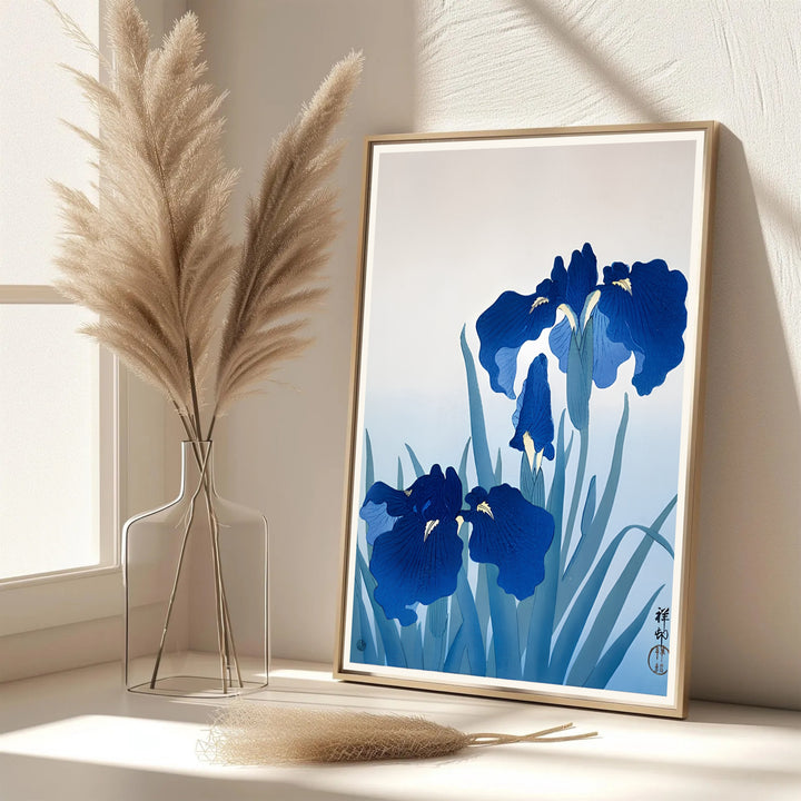 Elegant Japanese oriental flower poster by artist Ohara Koson featuring indigo irises inspired by Nara garden culture. MapYourDreams features framed, unframed, and canvas print options for bedroom wall art decor.