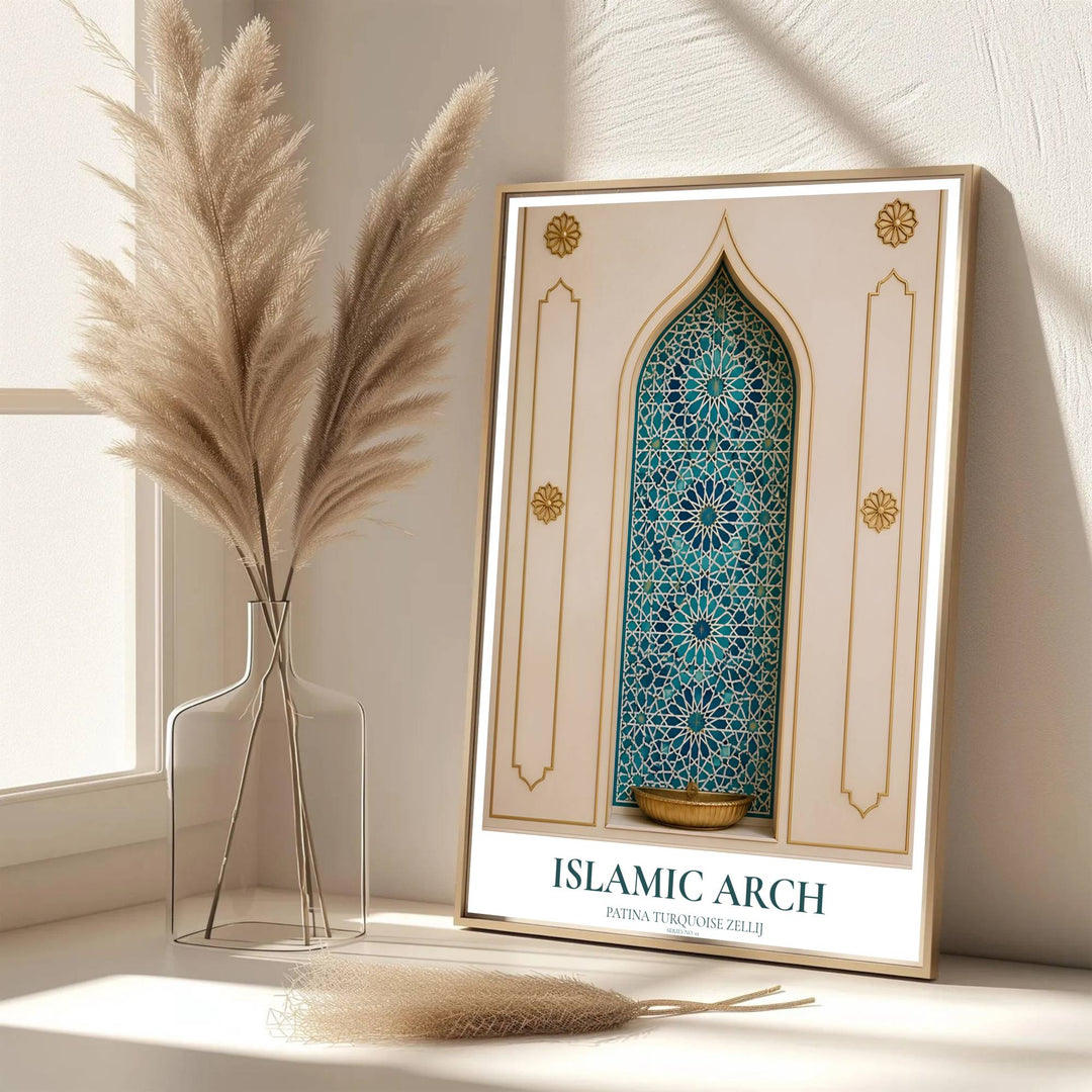 Scenic Moorish architecture photo poster of a turquoise zellij mosaic archway rendered in warm cream and gold brass tones. Developed by MapYourDreams, this artwork is available in flexible options including unframed paper, custom wooden frames, and gallery canvas wraps for hallway wall decor.