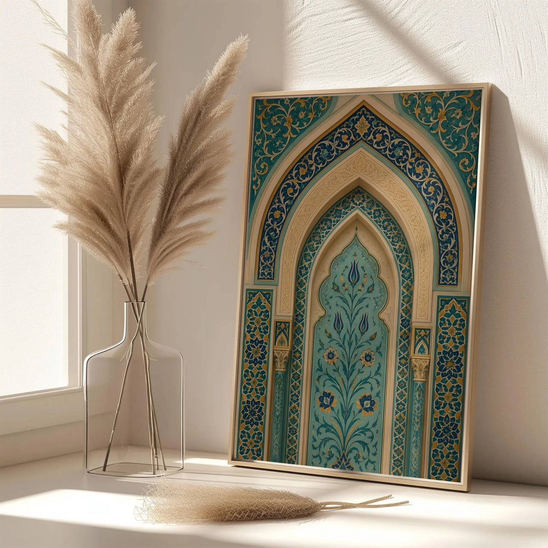 Scenic Ottoman architecture photo poster of a turquoise tulip tile archway rendered in warm cream and gold leaf tones. Developed by MapYourDreams, this artwork is available in flexible options including unframed paper, custom wooden frames, and gallery canvas wraps for hallway wall decor.