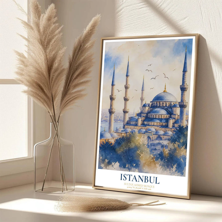 Scenic Turkish architecture poster of Istanbul Blue Mosque rendered in an atmospheric impressionistic watercolor aesthetic. Developed by MapYourDreams, this artwork is available in flexible options including unframed paper, custom wooden frames, and gallery canvas wraps for hallway wall decor.