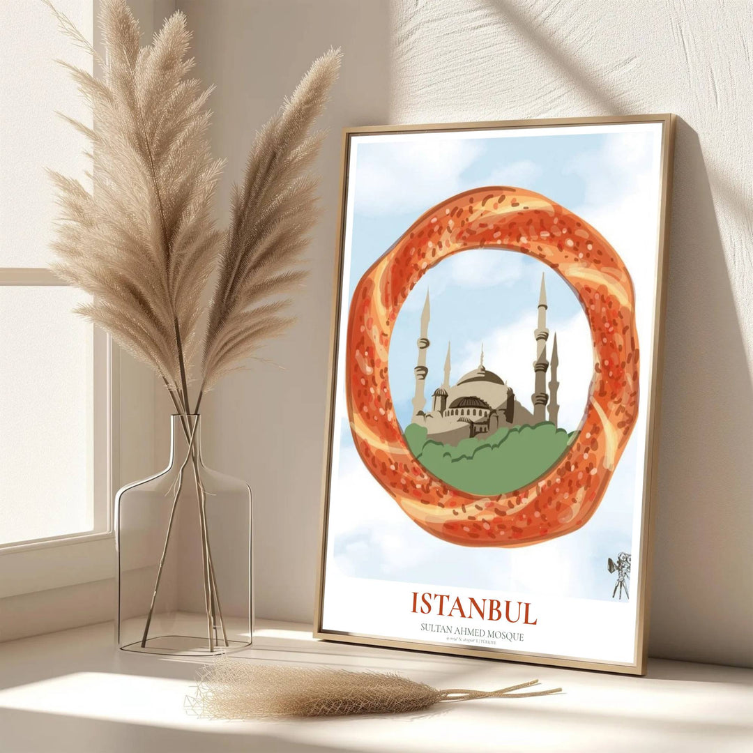Toasted sesame simit print framing the iconic Blue Mosque in Istanbul Turkey set against a pale blue pastel sky. Designed by MapYourDreams, this artwork is available in flexible options including unframed paper, custom wooden frames, and gallery canvas wraps for home wall art.