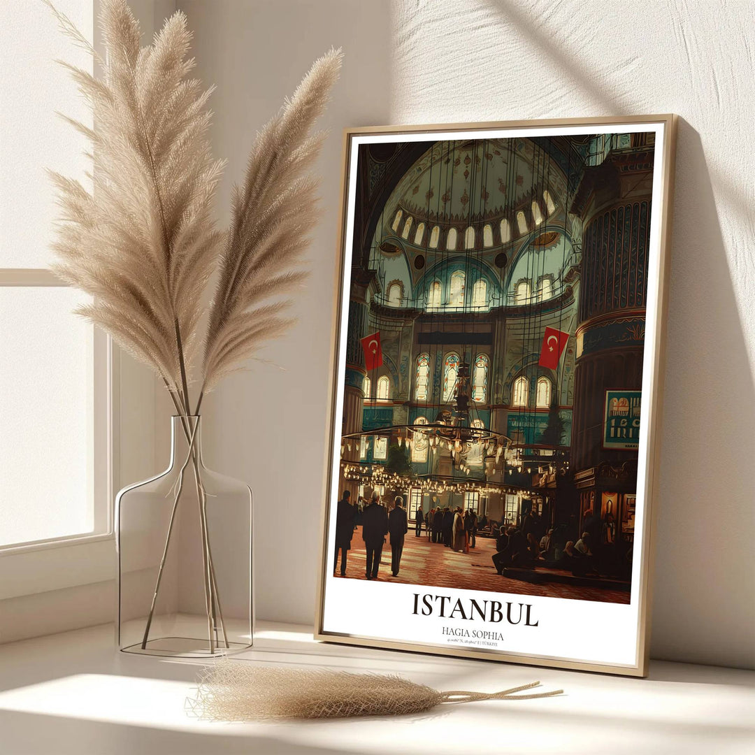 Scenic Turkish architecture poster of Hagia Sophia interior rendered in rich amber tones and mahogany shadow contrast. Developed by MapYourDreams, this artwork is available in flexible options including unframed paper, custom wooden frames, and gallery canvas wraps for hallway wall decor.