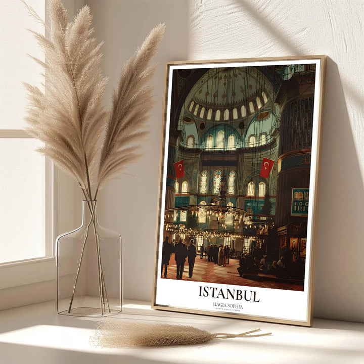 Scenic Turkish architecture poster of Hagia Sophia interior rendered in rich amber tones and mahogany shadow contrast. Developed by MapYourDreams, this artwork is available in flexible options including unframed paper, custom wooden frames, and gallery canvas wraps for hallway wall decor.