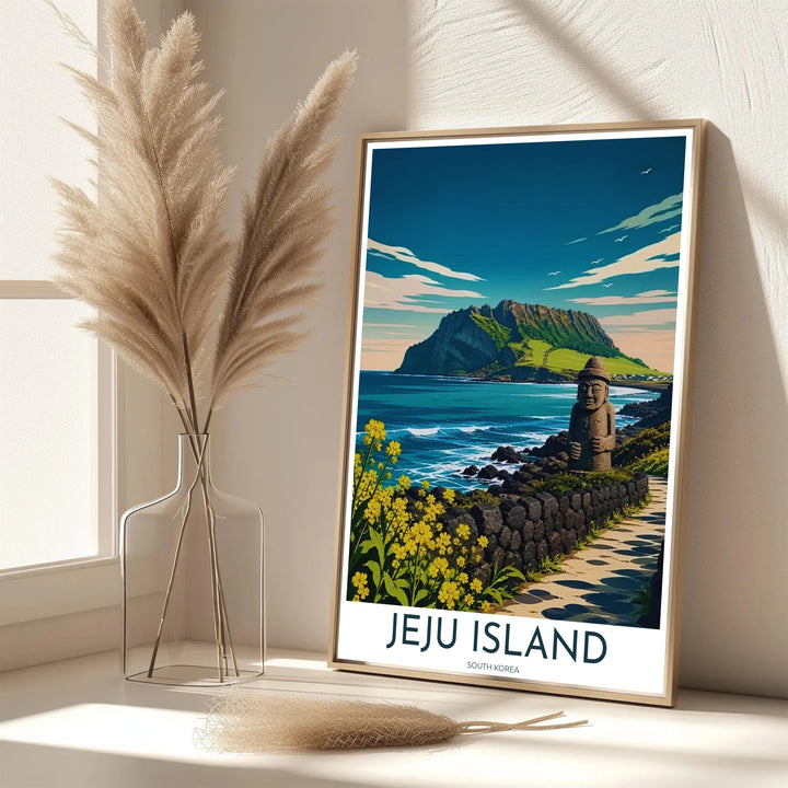 Vibrant South Korean island decor print of Jeju Island showcasing Seongsan Ilchulbong rising above cobalt ocean waters and stylized white clouds. Offered by MapYourDreams, this artwork is available in flexible options including unframed paper, custom wooden frames, and gallery canvas wraps.