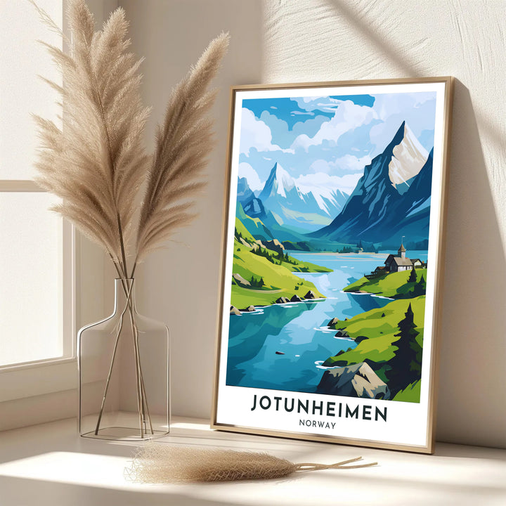Coastal and alpine Scandinavian landscape art depicting the valley waterways in Jotunheimen Norway with vibrant cloud details. Bring Nordic tranquility into your living area with this print available in classic unframed print paper, gallery wrapped canvas panels, or fully assembled framed displays.