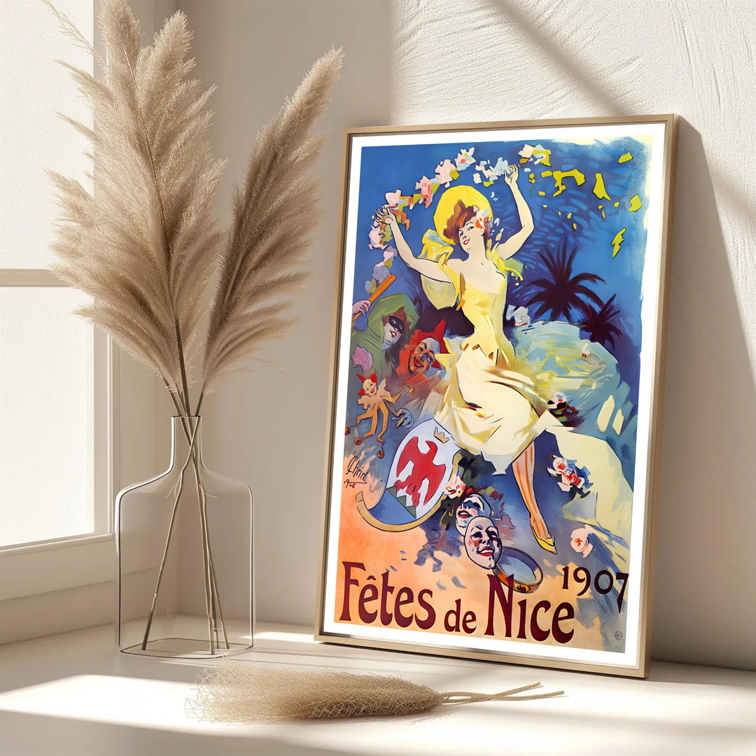 Dynamic French Riviera poster Fêtes De Nice by artist Jules Chéret featuring azure sky and palm tree silhouettes in Nice France. MapYourDreams features framed, unframed, and canvas print options for living room wall art.