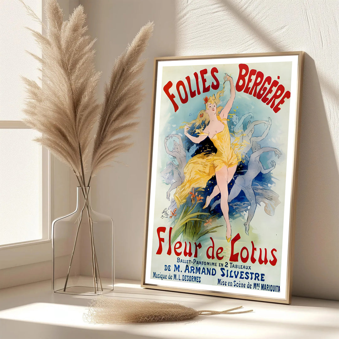 Dynamic Paris theater poster Folies Bergère Fleur De Lotus by artist Jules Chéret featuring lotus flowers and water nymphs in Paris France. MapYourDreams features framed, unframed, and canvas print options for living room wall art.