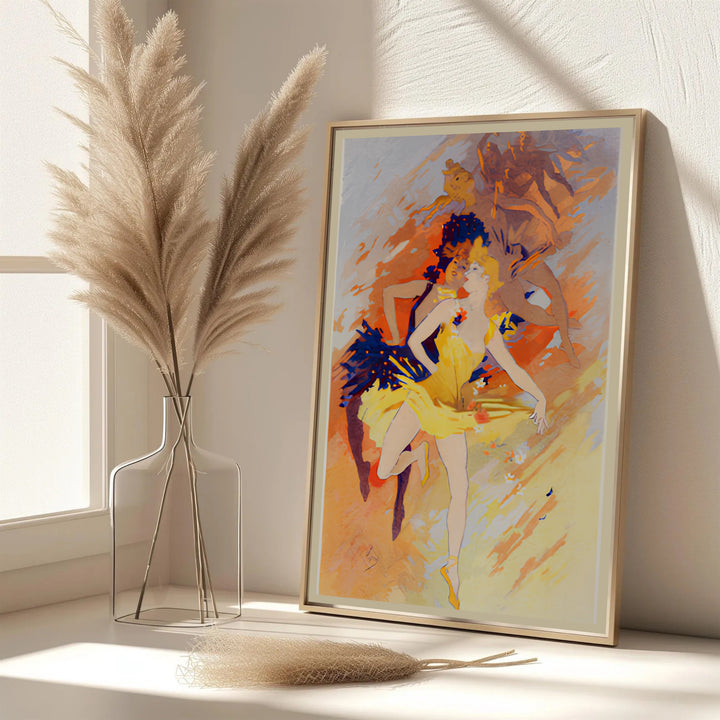 Dynamic Paris ballet poster La Danse by artist Jules Chéret featuring dancer figures and soft background lighting in Paris France. MapYourDreams features framed, unframed, and canvas print options for living room wall art.