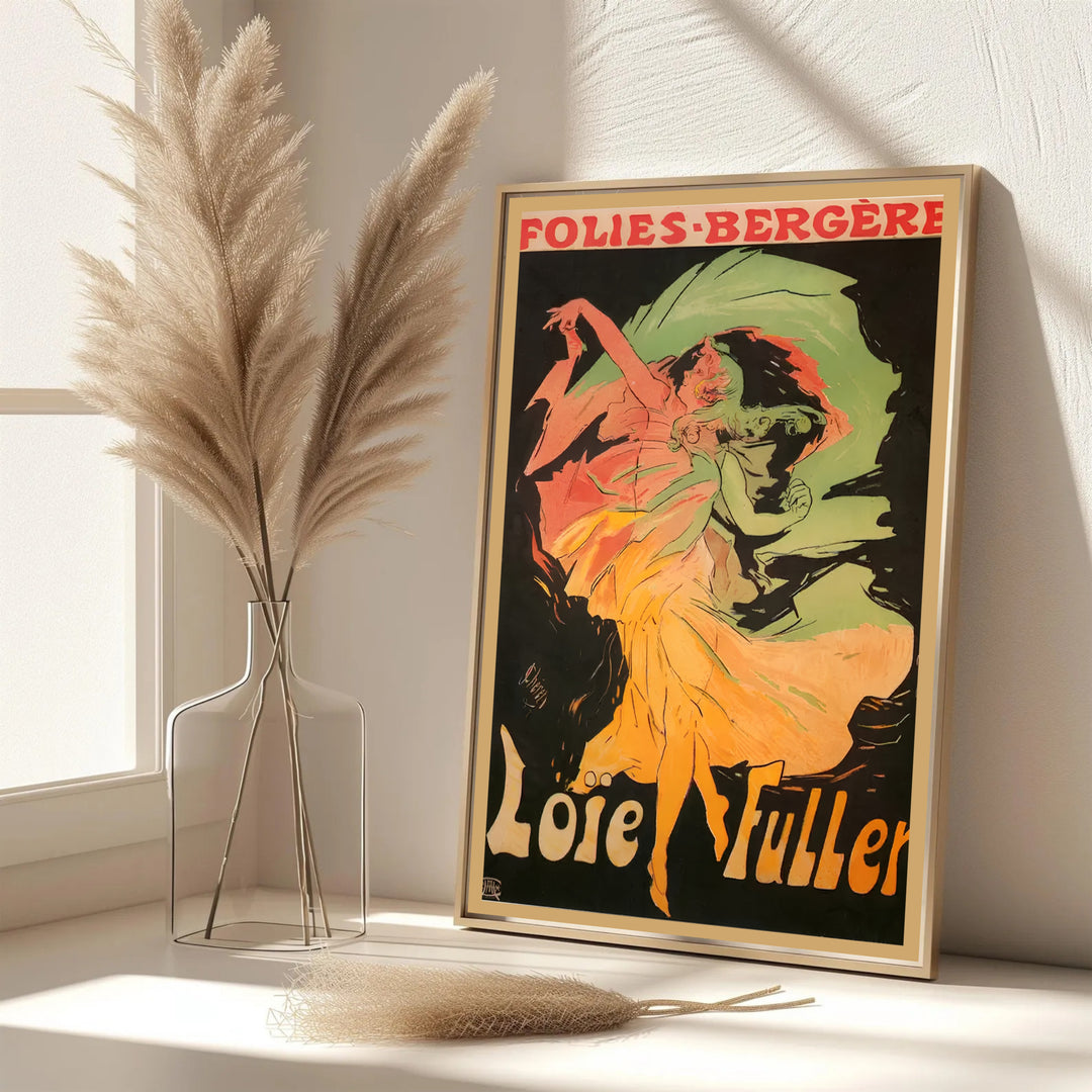 Dynamic Paris theater poster Loïe Fuller Folies Bergère by artist Jules Chéret featuring flowing silk drapery in Paris France. MapYourDreams features framed, unframed, and canvas print options for living room wall art.