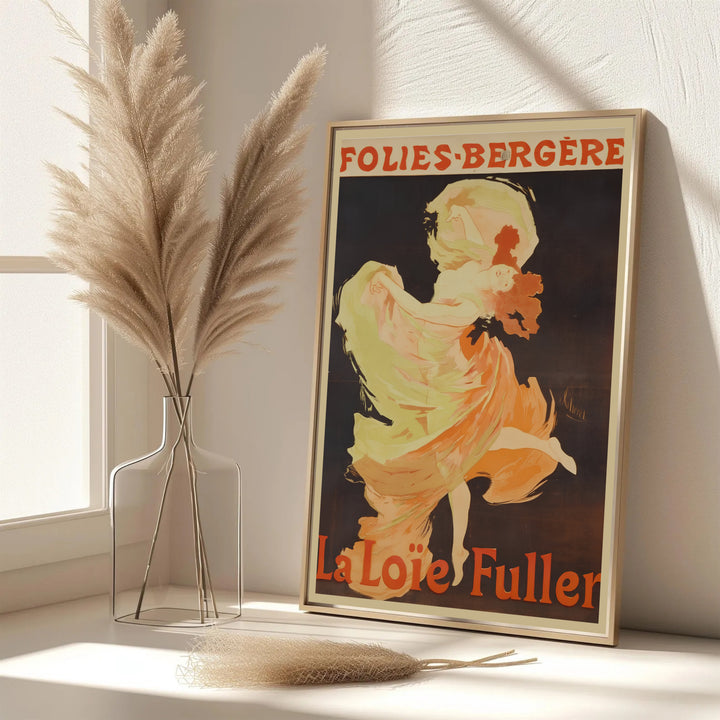 Dynamic Paris theater poster La Loïe Fuller Folies Bergère by artist Jules Chéret featuring swirling silk drapery in Paris France. MapYourDreams features framed, unframed, and canvas print options for living room wall art.