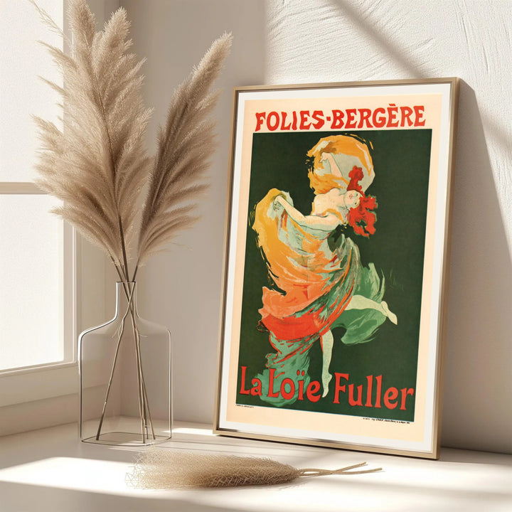 Dynamic Paris theater poster Folies Bergère La Loïe Fuller by artist Jules Chéret featuring swirling green silk drapery in Paris France. MapYourDreams features framed, unframed, and canvas print options for living room wall art.